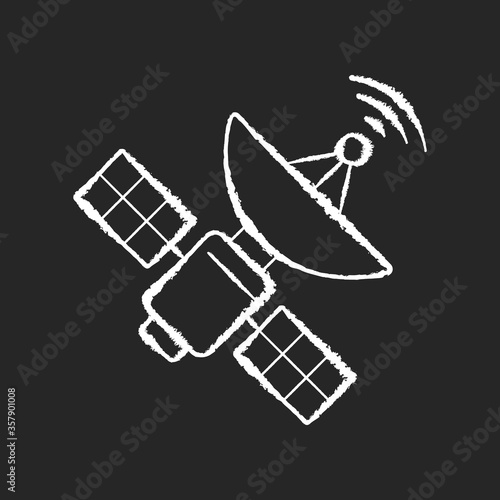 Space satellite chalk white icon on black background. Cosmos exploration, modern telecommunication, aerospace industry. Orbital sputnik transmitting data. Isolated vector chalkboard illustration