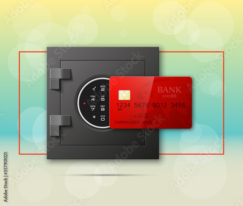 Credit card & Electronic lock picture. Bank door card & image combination lock front side banner. Plastic card & steel safe. Debit card & electromagnetic locking devices chip. Online payment banner