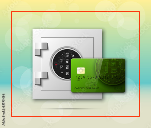 Credit card bitcoin & Electronic lock. Bank door card & combination lock front side banner. Plastic card & steel safe. Debit card & electromagnetic locking chip. Digital currency money Online payment