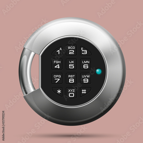 Realistic round padlock. Steel Mechanical Combination lock. Privacy circle padlock illustration PIN code. Electronic lock icon. Reliable Protection open padlock badge. Code combination round symbol