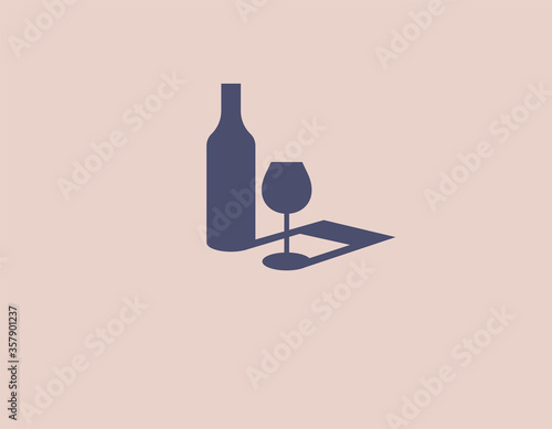 Creative abstract logo icon bottle and glass, shadow in the form of notes, for a bar
