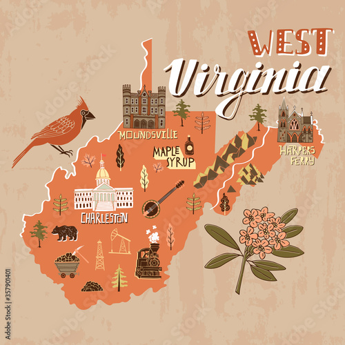 Illustrated map of West Virginia state, USA. Travel and attractions