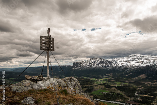 Sign on the peak of mountain, panoramic view, summer, Norway.