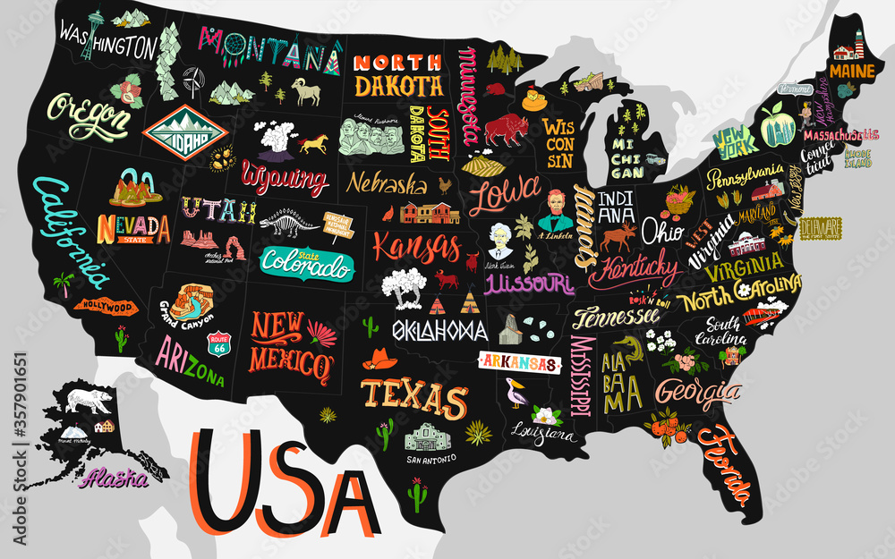 Illustrated map of the USA Poster - 1000 F 357901651 TBqgTIHnJ5VGMMb9HuJwDz8jRC9uoGmX