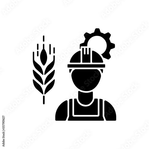 Agricultural engineer black glyph icon. Manufacturing worker to work in agribusiness. Gemitation job professional. Farmer worker. Silhouette symbol on white space. Vector isolated illustration