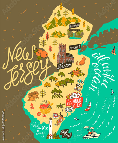 Illustrated map of  New Jersey, USA. Travel and attractions