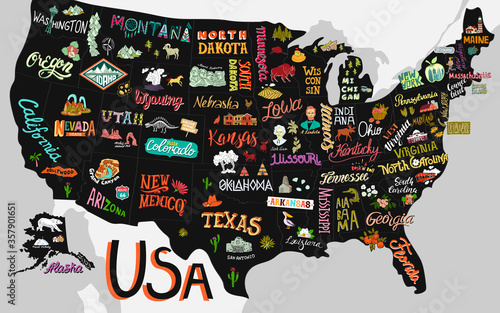 Illustrated map of the USA. Poster with states and attractions of America.