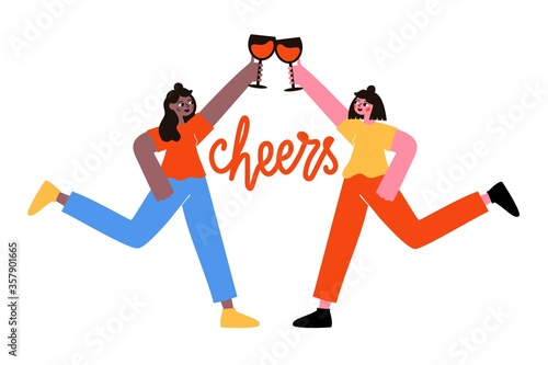 Vector illustration with young women holding wineglass and lettering word cheers. Party celebration typography poster with people and wine