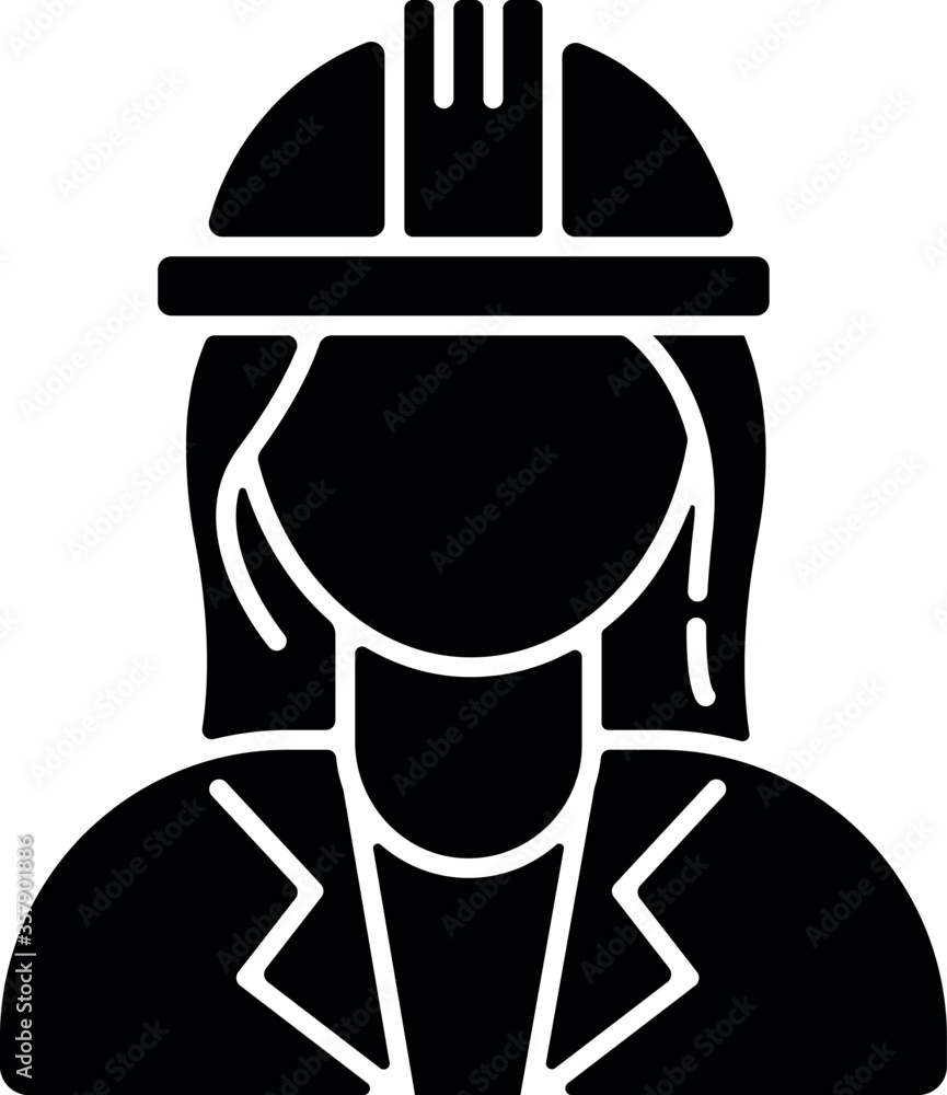 Female engineer black glyph icon. Professional constructor in safe helmet. Specialist contractor to work on building site. Labor safety. Silhouette symbol on white space. Vector isolated illustration Female engineer black glyph icon. Professional constructor in safe helmet. Specialist contractor to work on building site. Labor safety. Silhouette symbol on white space. Vector isolated illustration