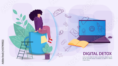 Digital detox banner concept for web and mobile sites a Woman protected by a shield aura from a large amount of unnecessary information sitting on a Cup of tea flat vector illustration