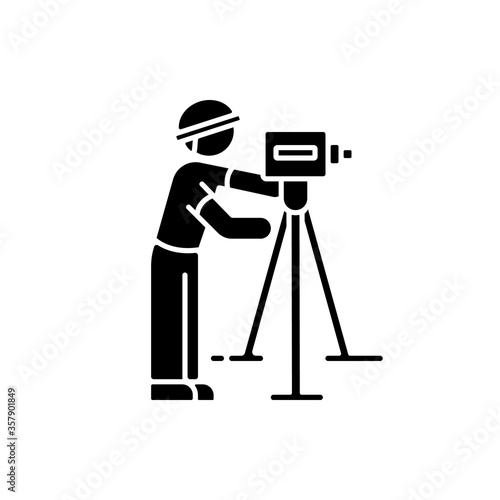 Land surveyor black glyph icon. Measure alignment. Topography work professional. Scientific research on site. Measure land level. Silhouette symbol on white space. Vector isolated illustration