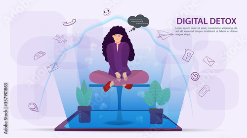 Digital detox banner concept for web and mobile sites Girl sitting in a Lotus position protected by a shield aura from a large amount of unnecessary information flat vector illustration