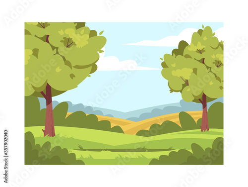 Wheat plantation semi flat vector illustration. Summer woods with clearing. Farmland with greenery and pasture. Growing seasonal harvest. Rural 2D cartoon landscape for commercial use