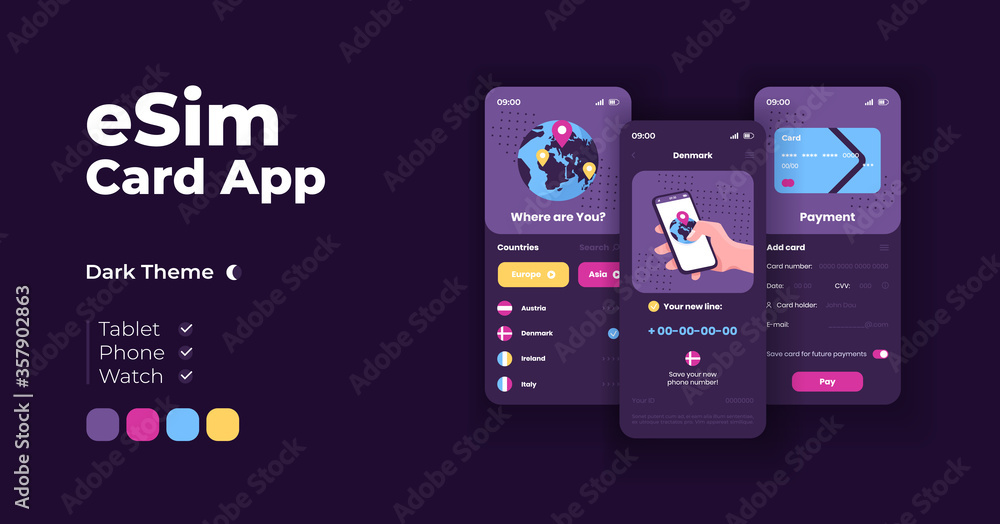 Esim card cartoon smartphone interface vector templates set. Mobile app screen page night mode design. Wireless worldwide connection UI for application. Phone display with flat illustration