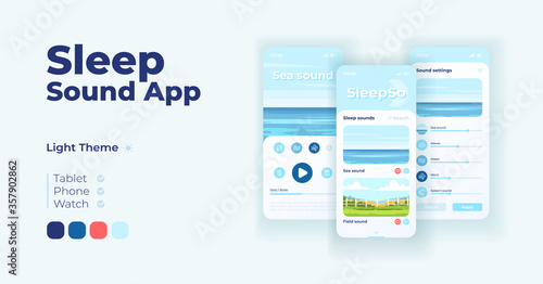 Relaxing music app cartoon smartphone interface vector templates set. Mobile app screen page light mode design. Audio player settings UI for application. Phone display with flat illustrations
