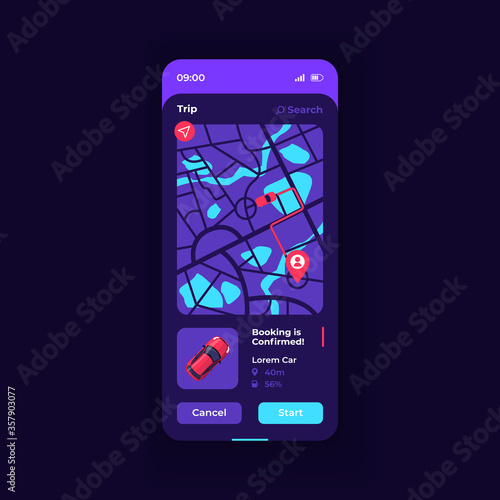 Trip route smartphone interface vector template. Mobile app page dark blue design layout. Car sharing service screen. Flat UI for application. Taxi navigation. Carpool journey. Phone display