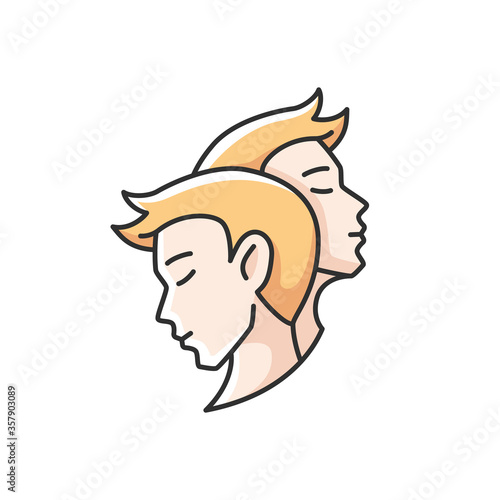 Gemini zodiac sign RGB color icon. Astrological birth sign. Horoscope twins. Identically looking people, twin brothers. Two faces isolated vector illustration