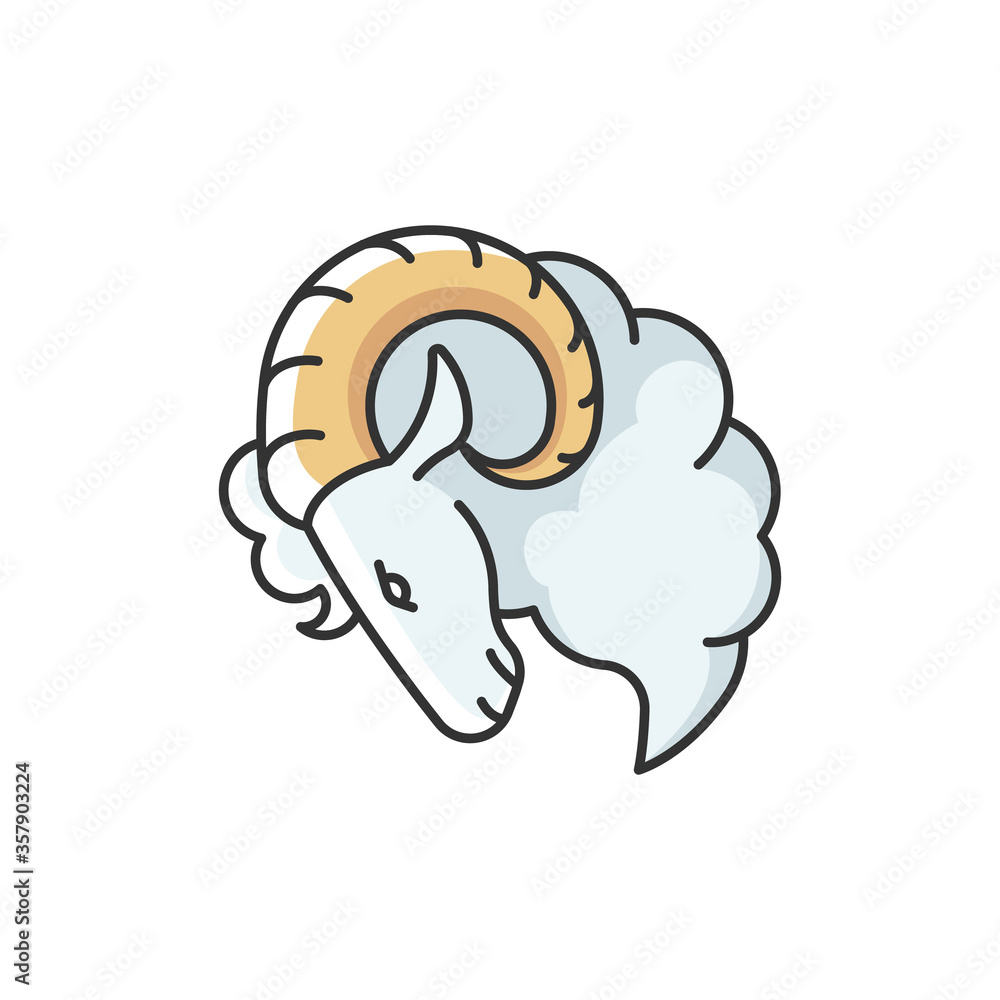 Aries zodiac sign RGB color icon. Horoscope ram. Astrological birth sign. Horned farm animal, herbivore livestock, domestic cattle. Isolated vector illustration