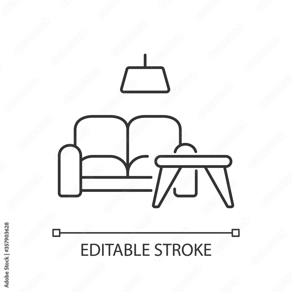 Furniture store pixel perfect linear icon. Sofa and coffee table. Contemporary room interior. Thin line customizable illustration. Contour symbol. Vector isolated outline drawing. Editable stroke Furniture store pixel perfect linear icon. Sofa and coffee table. Contemporary room interior. Thin line customizable illustration. Contour symbol. Vector isolated outline drawing. Editable stroke