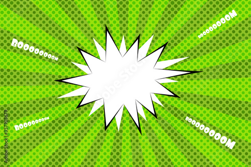 vibrant green colorful pop art polka dot speech bubble text box, cloud bang explosion with radial rays stripes blank ads, sale, discount graphic element banner background emotional comic style retro