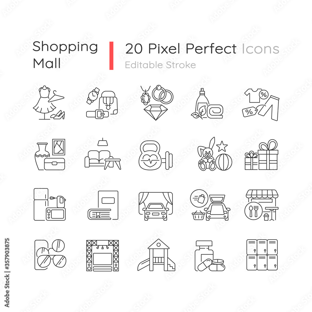 Shopping mall categories pixel perfect linear icons set. Bookstore, toys shop. Fashion boutique. Customizable thin line contour symbols. Isolated vector outline illustrations. Editable stroke Shopping mall categories pixel perfect linear icons set. Bookstore, toys shop. Fashion boutique. Customizable thin line contour symbols. Isolated vector outline illustrations. Editable stroke