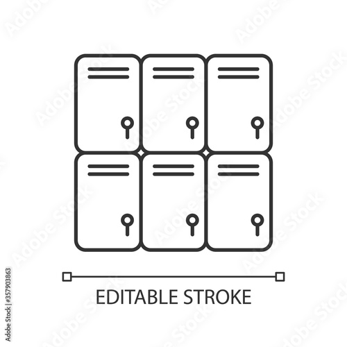 Shopping mall lockers pixel perfect linear icon. Shop storage for personal belongings. Thin line customizable illustration. Contour symbol. Vector isolated outline drawing. Editable stroke