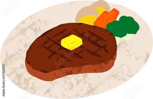 クレヨン画風のお皿にのったステーキ