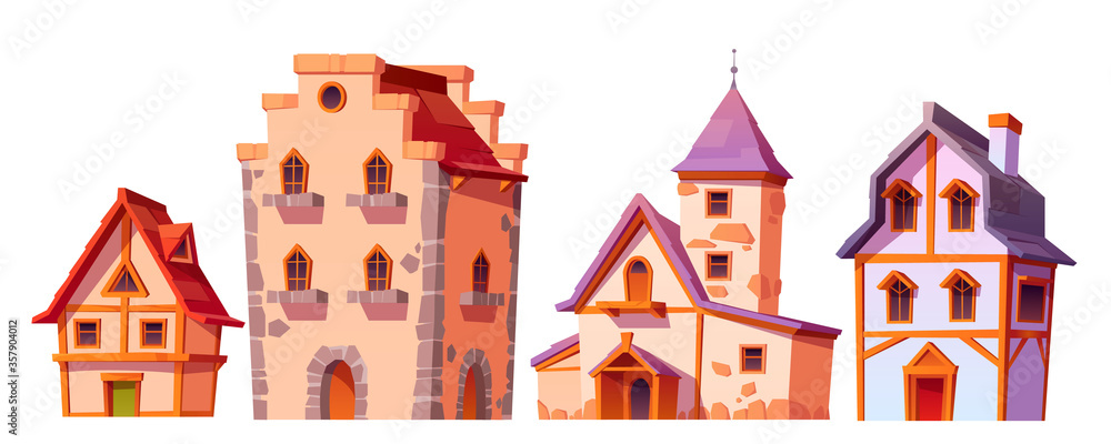 Naklejka premium Medieval buildings, house town architecture. Dwelling construction antique cottages with stone walls and wooden roofs front view isolated on white background. Housing exterior, cartoon vector set