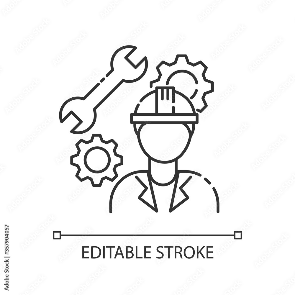Mechanical engineer pixel perfect linear icon. Professional repairman. Male constructor. Thin line customizable illustration. Contour symbol. Vector isolated outline drawing. Editable stroke