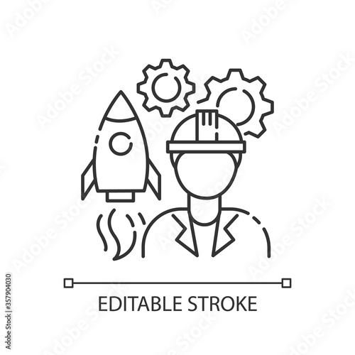 Aerospace engineer pixel perfect linear icon. Space rocket building specialist. Work on spaceship. Thin line customizable illustration. Contour symbol. Vector isolated outline drawing. Editable stroke