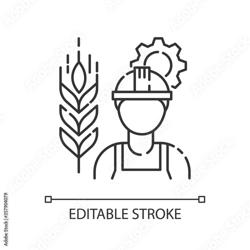Agricultural engineer pixel perfect linear icon. Manufacturing worker to work in agribusiness. Thin line customizable illustration. Contour symbol. Vector isolated outline drawing. Editable stroke