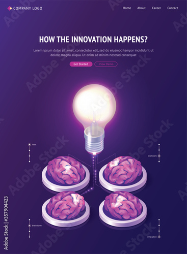 Brainstorm idea isometric landing page. Human brains connected with huge glowing light bulb generate thinking activity. Creative startup project development, innovation launching, 3d vector web banner