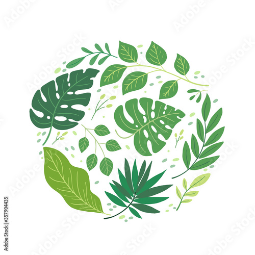 Summer greeting card with palm, monstera, tropical leaves.