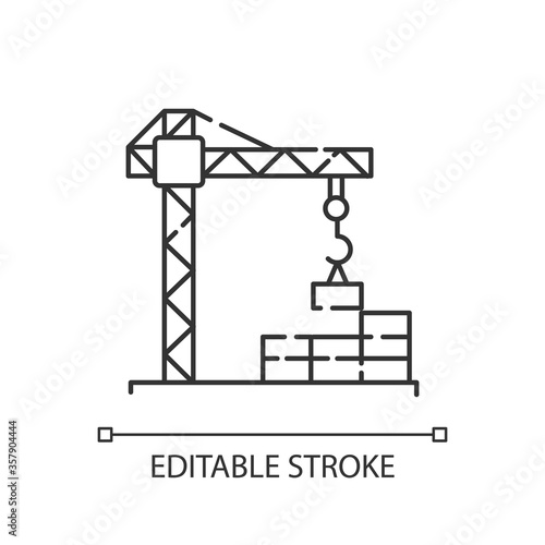 Construction site pixel perfect linear icon. Crane for building and lifting concrete. Thin line customizable illustration. Contour symbol. Vector isolated outline drawing. Editable stroke