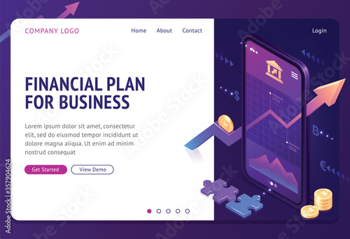 Financial plan isometric landing page. Mobile phone application with growing bonds investment graphic or chart. Business marketing company strategy and planning, finance analytic, 3d vector web banner