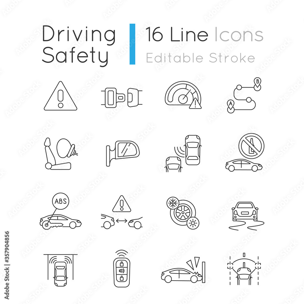 Driving safety pixel perfect linear icons set. Car accident prevention, traffic rules and regulation laws customizable thin line contour symbols. Isolated vector outline illustrations. Editable stroke