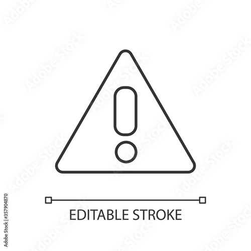 Attention pixel perfect linear icon. Safe driving, traffic rules, transport safety regulations thin line customizable illustration. Contour symbol. Vector isolated outline drawing. Editable stroke