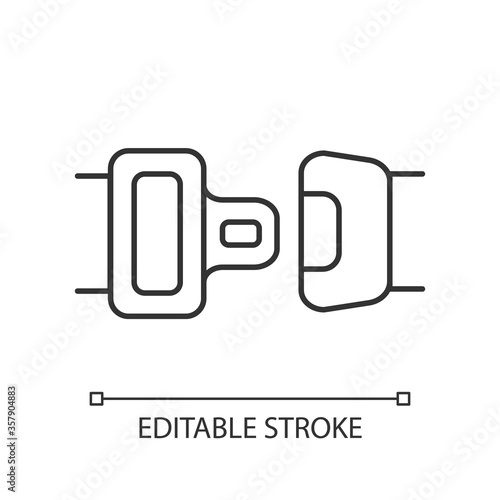 Seat belt pixel perfect linear icon. Safe driving rule, security measure, safety precaution thin line customizable illustration. Contour symbol. Vector isolated outline drawing. Editable stroke