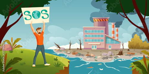 Eco activist protests against air and ocean pollution, deforestation. Vector cartoon illustration with factory with smog, dirty sea shore polluted by waste and man with sos banner. Save planet concept