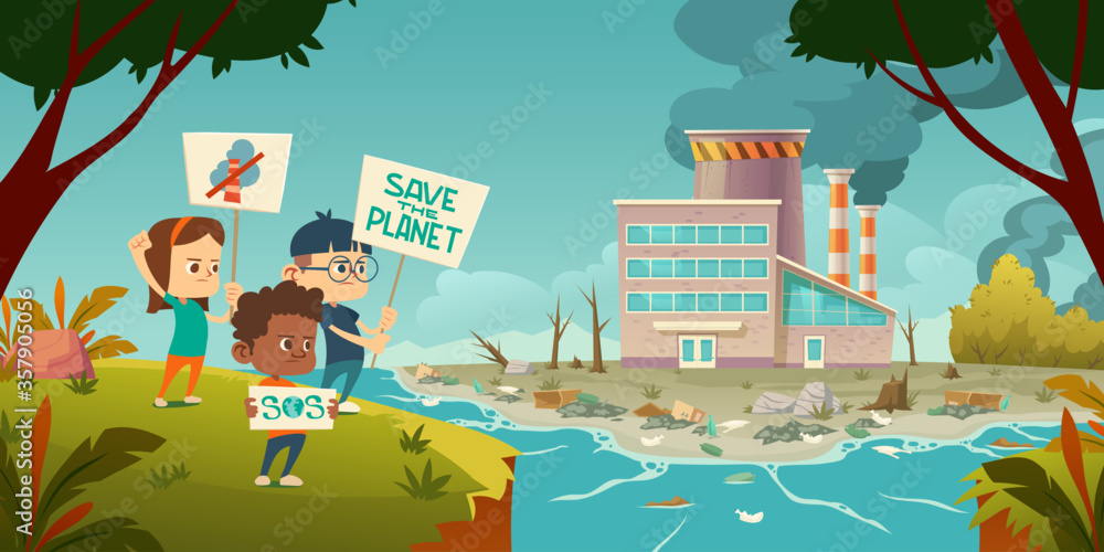 Eco protest, kids with save planet banners strike against ecology pollution  at factory with smoking pipes, rubbish floating in polluted ocean, lie on  beach, deforestation. Cartoon vector illustration Stock Vector | Adobe