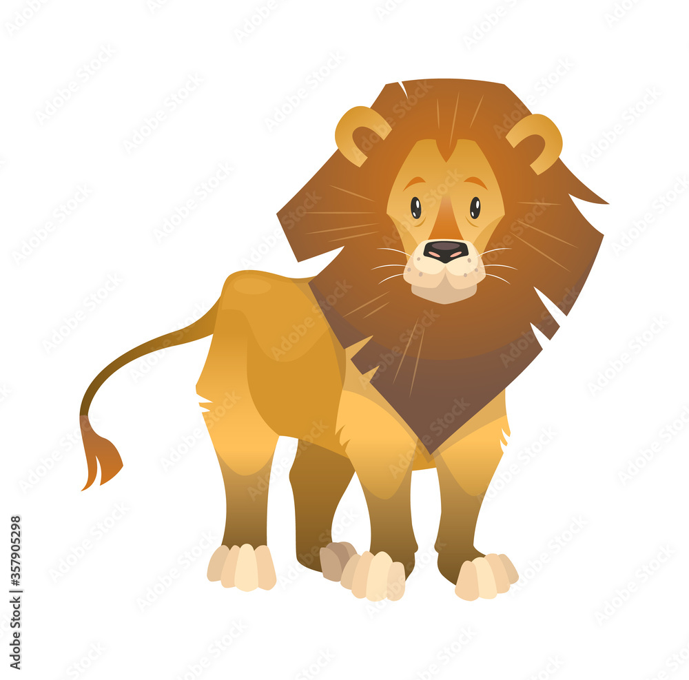 Obraz premium Lion. Cartoon wild animal. Nature african character. Safari cat isolated on white background cute vector illustration
