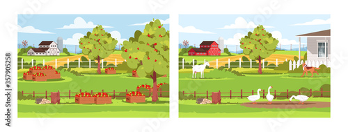 Daytime farm semi flat vector illustration set. Fresh apple harvest, livestock and poultry. Garden outside ranch. Rural lifestyle, summer greenery. Farmland 2D cartoon landscape for commercial use