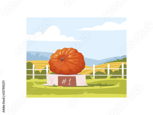 Harvest fest contest semi flat vector illustration. First place ripe pumpkin. Village autumnal event. November county fair competition winner 2D cartoon characters for commercial use