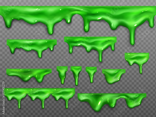 Dripping slime, green goo Halloween ooze, mucus snot. Falling syrup drops dribble down, sticky radioactive toxic liquid seamless border isolated on transparent background, Realistic 3d vector set