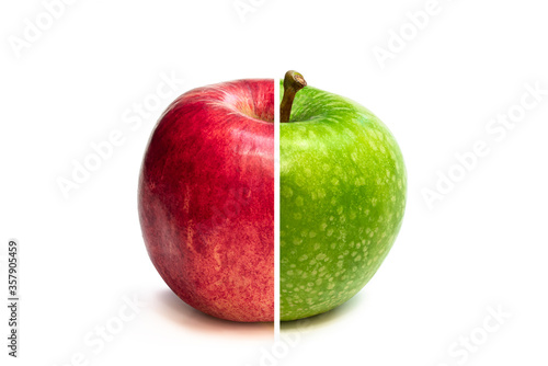 concept of comparison green apple vs. red apple isolated on white background