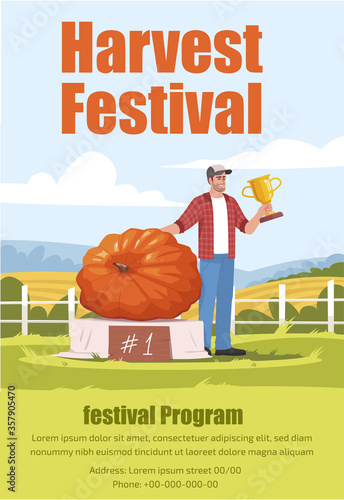 Harvest festival poster template. Pumpkin competition. Commercial flyer design with semi flat illustration. Vector cartoon promo card. Countryside fall activity advertising invitation