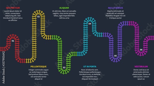 Railroad tracks. Railway timeline, tracking subway stations map top view, colorful stairs railways. Industrial maze vector infographics