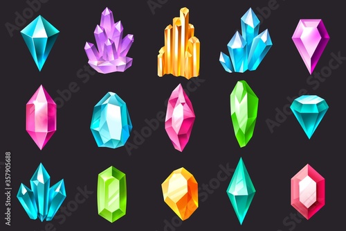 Cartoon crystals. Colorful jewelry gems, precious stones, crystal stalagmites and stalactites. Quartz, sapphire and amethyst vector set
