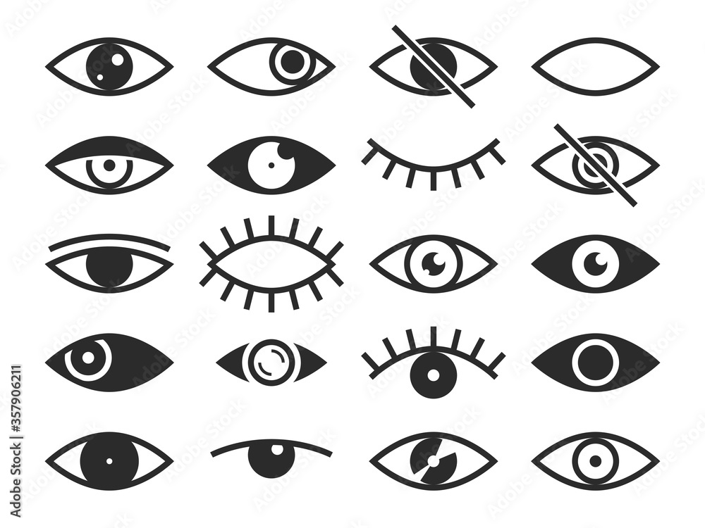 Eye. Vision and view signs, open and closed human eyes, lens or cry, medicine supervision health eyes. Eyesight vector isolated symbols Eye. Vision and view signs, open and closed human eyes, lens or cry, medicine supervision health eyes. Eyesight vector isolated symbols