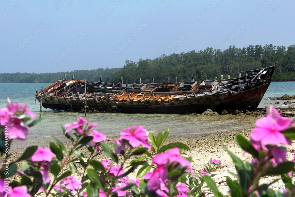 Abandon boat with purple flower framing on the shore beach of Handeleum island, Banten province Indonesia